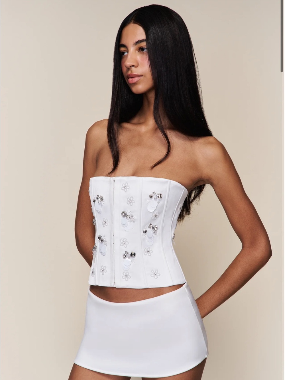 Danielle Guizio White Embellished Strapless Corset Top
